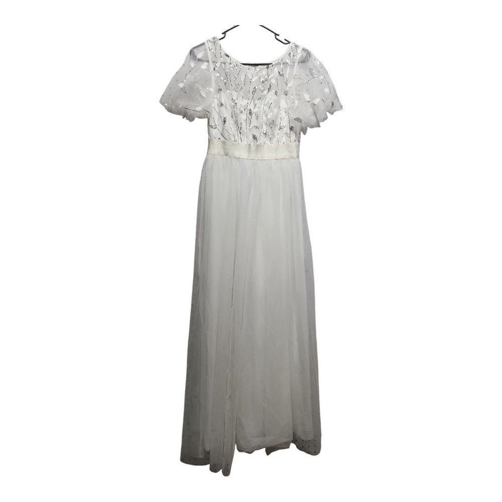 Women's White Sequin A-Line Evening Gown – Short Sleeve, Formal Long Dress, M(6) - Picture 6 of 15